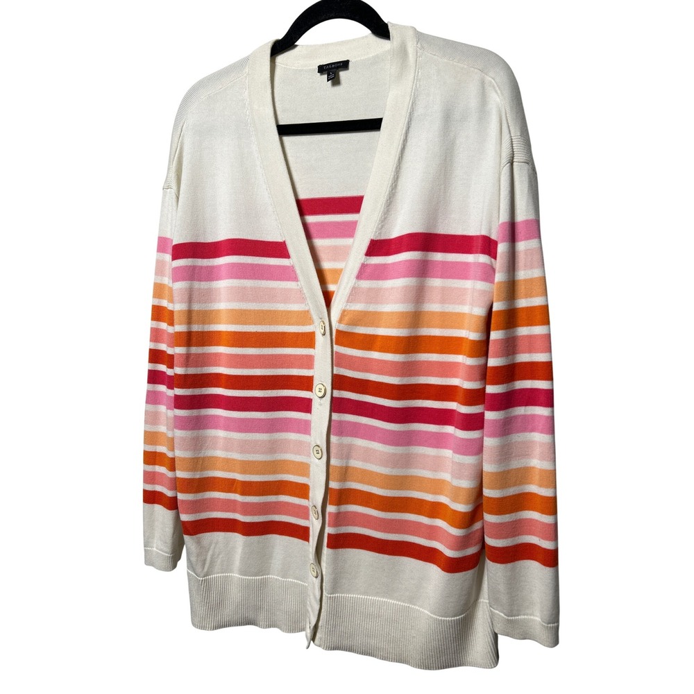 Talbots Womens Pink Orange Striped‎ V-Neck Button Front Cardigan Sweater Large